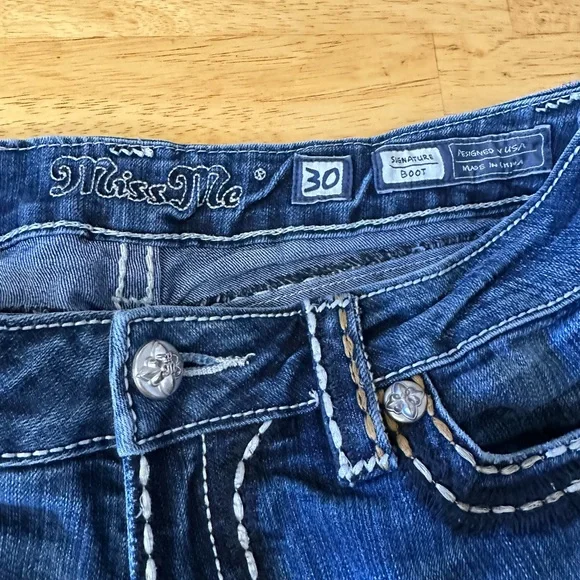 Miss Me Blue Jean Cutoff Shorts with White Stitching - Picture 3 of 3